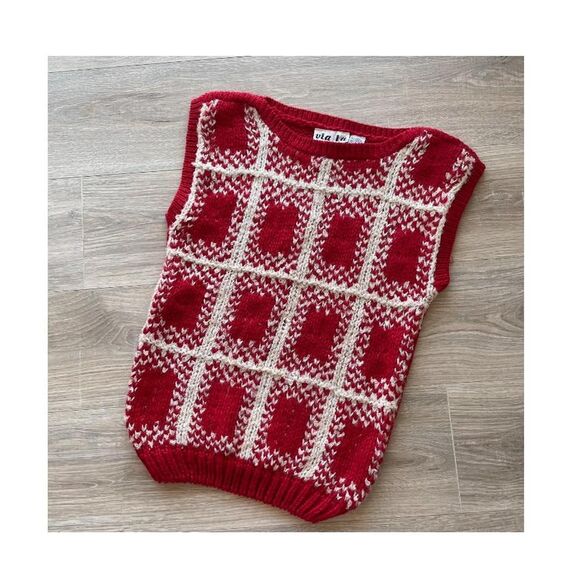 Vintage Red & White Knit Sweater Grid Check Pattern Women's Small Sporty Preppy - Picture 1 of 8